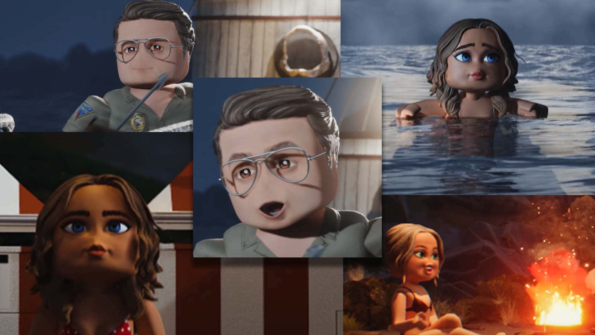 A collage of scary faces from the Jaws/Roblox trailer. 